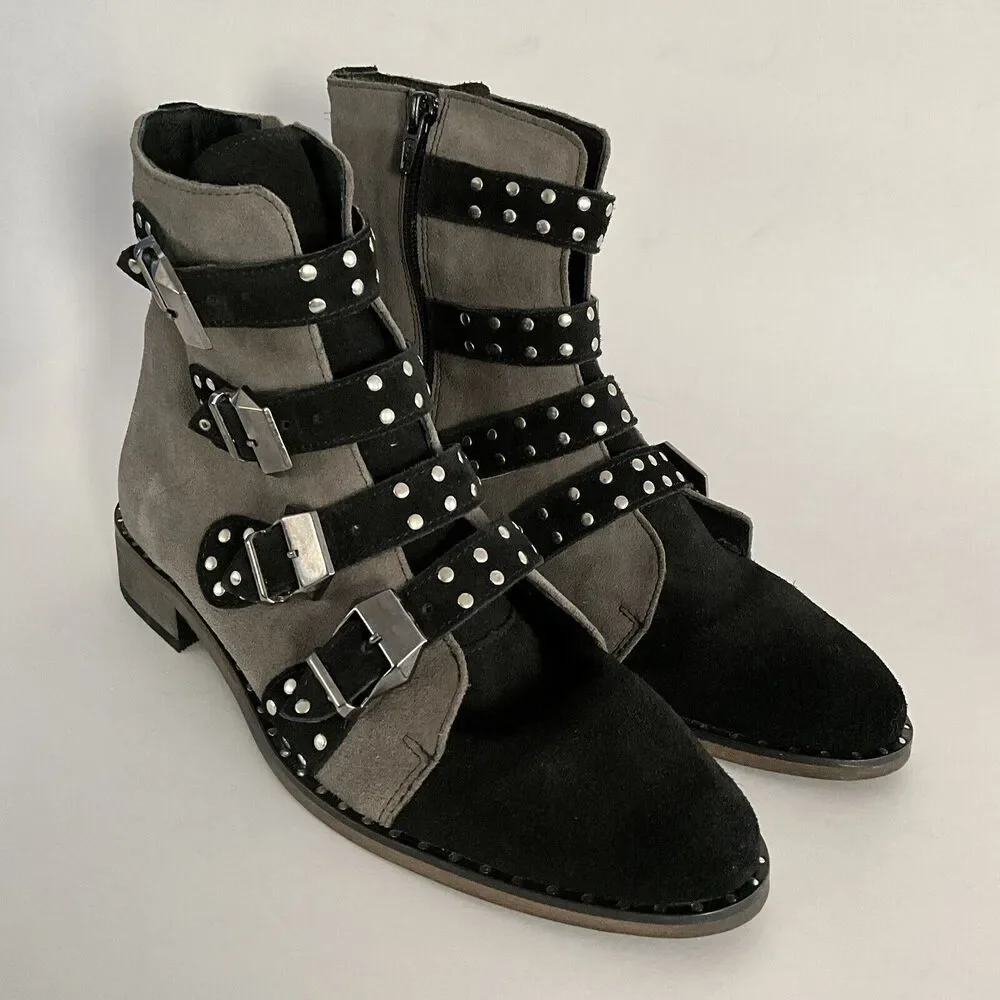 Girotti Suede Quad Buckle Studded Bootie Gray Black 41